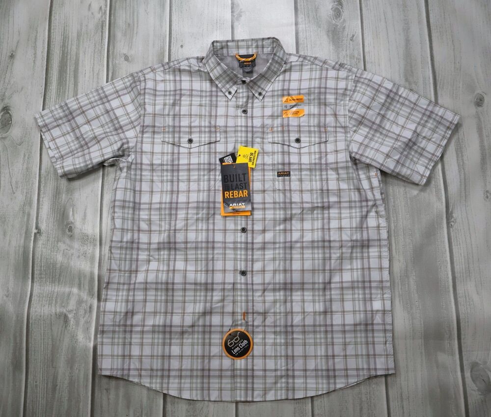 NEW Ariat Men's Rebar Made Tough Ventek Durastretch Work Shirt Short Gray Plaid